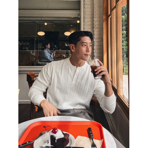 亨利領針織長袖男士早秋韓版坑條紋理感T恤休閒通勤輕熟風打底衫