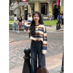 復古撞色條紋毛衣女秋冬季韓系穿搭寬鬆慵嬾風小個子短款針織上衣