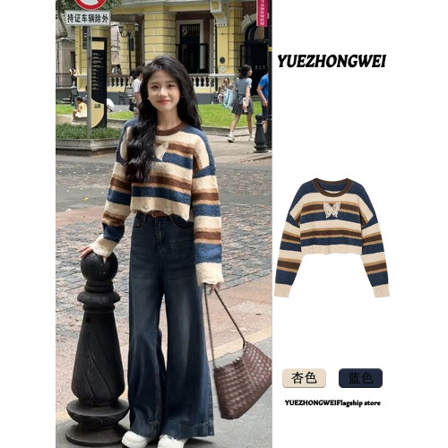 復古撞色條紋毛衣女秋冬季韓系穿搭寬鬆慵嬾風小個子短款針織上衣
