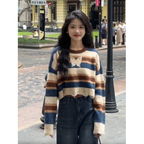 復古撞色條紋毛衣女秋冬季韓系穿搭寬鬆慵嬾風小個子短款針織上衣