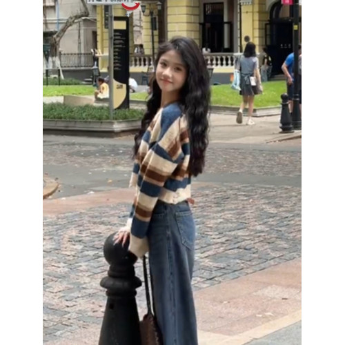 復古撞色條紋毛衣女秋冬季韓系穿搭寬鬆慵嬾風小個子短款針織上衣