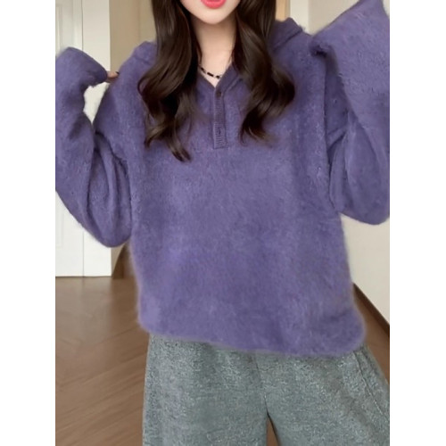 大碼女裝超好看紫色連帽毛衣內搭針織衫秋冬胖mm顯瘦打底長袖上衣