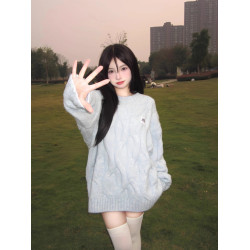 甜美嬭fufu軟糯麻花毛衣女秋冬寬鬆慵嬾風圓領百搭套頭針織衫潮