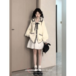 法式甜美學院風海軍領針織開衫女秋冬新款小個子寬鬆顯瘦毛衣外套