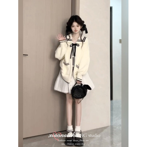 法式甜美學院風海軍領針織開衫女秋冬新款小個子寬鬆顯瘦毛衣外套