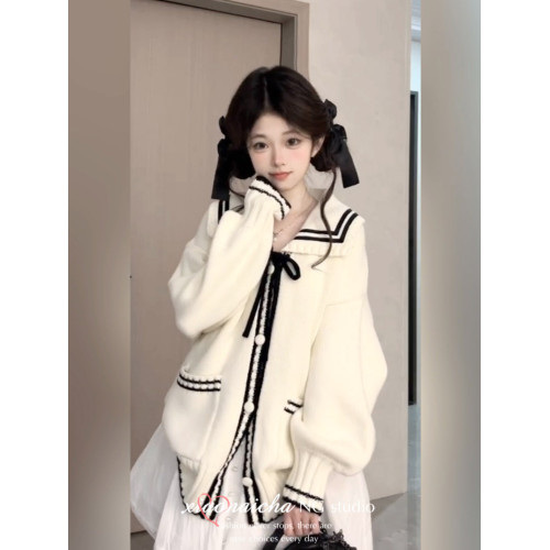 法式甜美學院風海軍領針織開衫女秋冬新款小個子寬鬆顯瘦毛衣外套