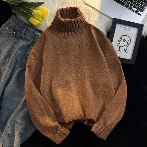 日系純色高領針織衫毛衣男女2025秋冬季ins潮流個性設計感毛線衣