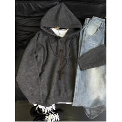 深灰色重磅連帽針織衫男秋冬季美式cleanfit毛衣高級感慵懶毛線衣