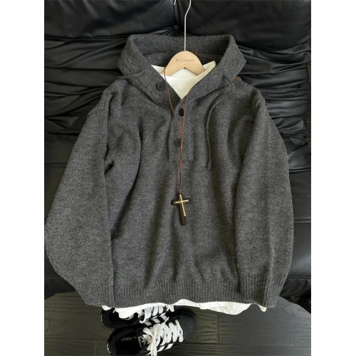 深灰色重磅連帽針織衫男秋冬季美式cleanfit毛衣高級感慵懶毛線衣 深灰色重磅連帽針織衫男秋冬季美式cleanfit毛衣高級感慵懶毛線衣