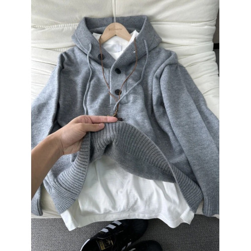 深灰色重磅連帽針織衫男秋冬季美式cleanfit毛衣高級感慵懶毛線衣 深灰色重磅連帽針織衫男秋冬季美式cleanfit毛衣高級感慵懶毛線衣