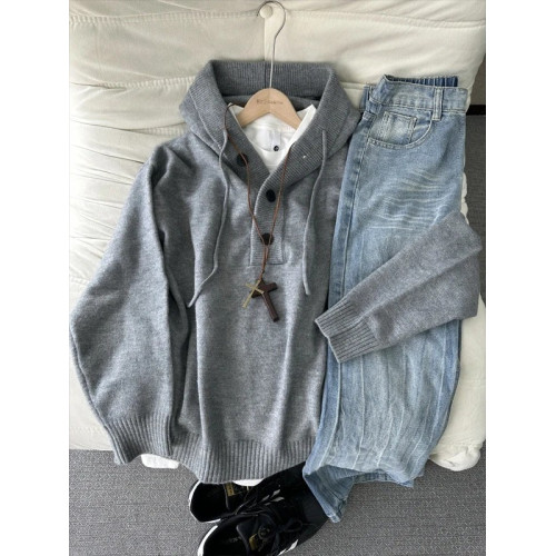 深灰色重磅連帽針織衫男秋冬季美式cleanfit毛衣高級感慵懶毛線衣 深灰色重磅連帽針織衫男秋冬季美式cleanfit毛衣高級感慵懶毛線衣