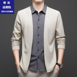 啄木鳥男士新款長袖襯衫領假兩件寬松舒適中年爸爸裝上衣針織開衫