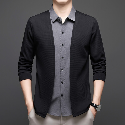 啄木鳥男士新款長袖襯衫領假兩件寬松舒適中年爸爸裝上衣針織開衫 啄木鳥男士新款長袖襯衫領假兩件寬松舒適中年爸爸裝上衣針織開衫