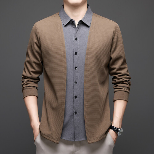 啄木鳥男士新款長袖襯衫領假兩件寬松舒適中年爸爸裝上衣針織開衫 啄木鳥男士新款長袖襯衫領假兩件寬松舒適中年爸爸裝上衣針織開衫