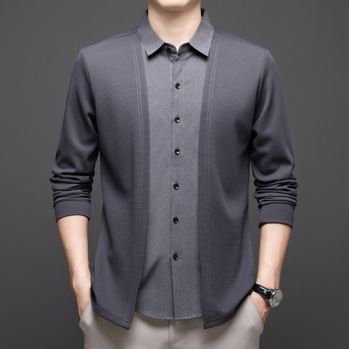 啄木鳥男士新款長袖襯衫領假兩件寬松舒適中年爸爸裝上衣針織開衫 啄木鳥男士新款長袖襯衫領假兩件寬松舒適中年爸爸裝上衣針織開衫