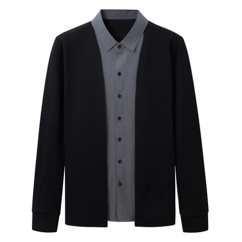 啄木鳥男士新款長袖襯衫領假兩件寬松舒適中年爸爸裝上衣針織開衫 啄木鳥男士新款長袖襯衫領假兩件寬松舒適中年爸爸裝上衣針織開衫