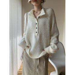 奧吻2025秋半門襟套頭柔軟舒適毛茸茸慵嬾松弛感薄毛衣溫柔針織衫