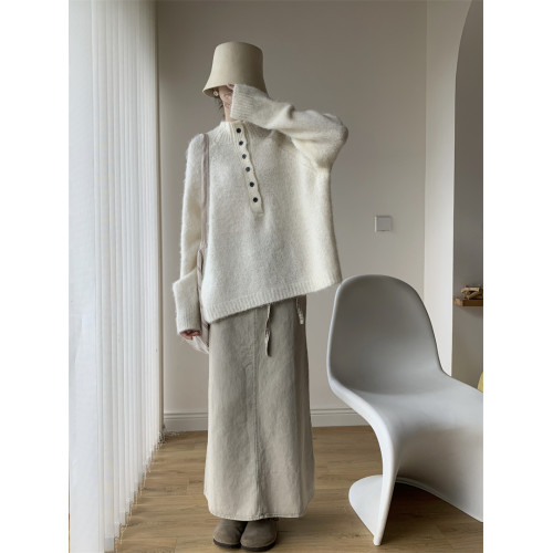 奧吻2025秋半門襟套頭柔軟舒適毛茸茸慵嬾松弛感薄毛衣溫柔針織衫