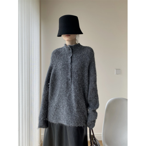 奧吻2025秋半門襟套頭柔軟舒適毛茸茸慵嬾松弛感薄毛衣溫柔針織衫