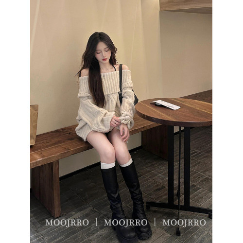 一字肩麻花套頭毛衣女秋冬季寬鬆慵嬾風韓系氛圍感氣質露肩針織衫