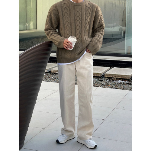 MRCYC日系慵嬾風麻花毛衣男冬季保暖上衣韓系寬鬆潮流圓領針織衫