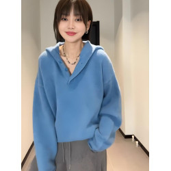 大碼女裝慵嬾風白色連帽毛衣針織衫上衣春秋款胖mm顯瘦內搭打底衫