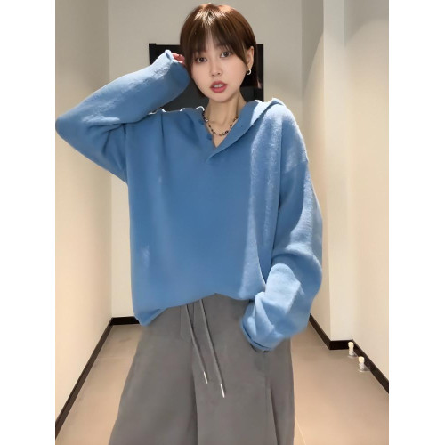 大碼女裝慵嬾風白色連帽毛衣針織衫上衣春秋款胖mm顯瘦內搭打底衫