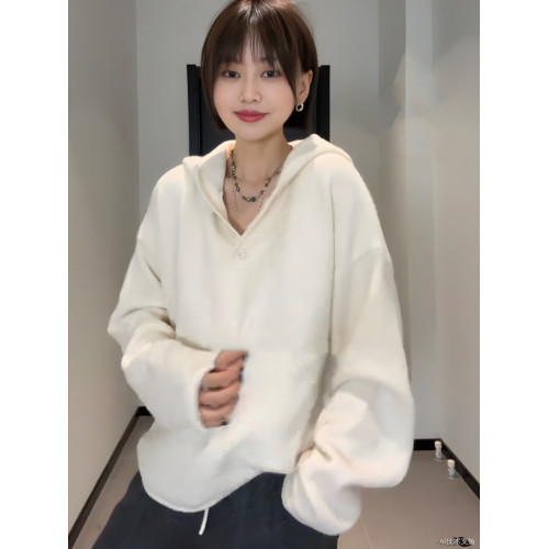 大碼女裝慵嬾風白色連帽毛衣針織衫上衣春秋款胖mm顯瘦內搭打底衫