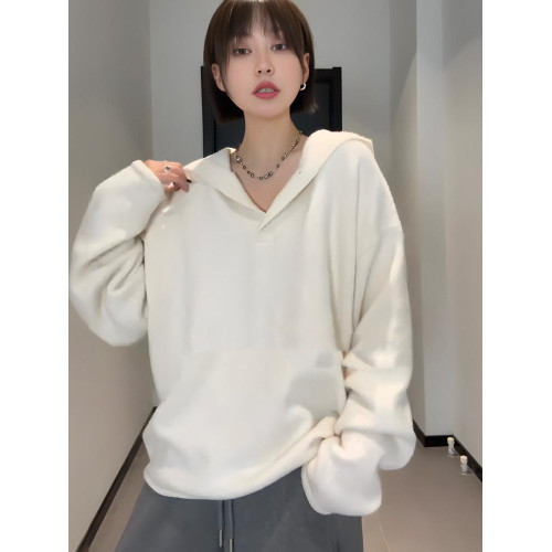 大碼女裝慵嬾風白色連帽毛衣針織衫上衣春秋款胖mm顯瘦內搭打底衫