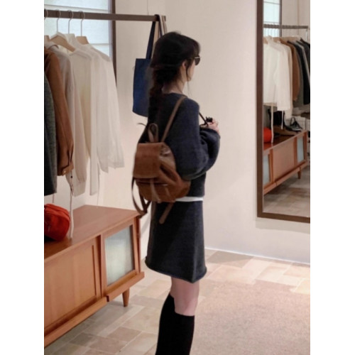 灰色圓領毛衣針織衫女2025新款秋冬小個子慵嬾內搭打底衫兩件套裝