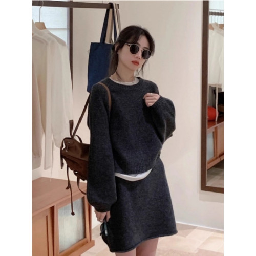 灰色圓領毛衣針織衫女2025新款秋冬小個子慵嬾內搭打底衫兩件套裝