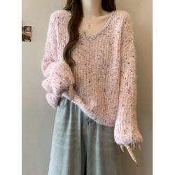 粉色彩點V領毛衣女春秋2025大碼胖mm獨特漂亮上衣重工燙鑽針織衫