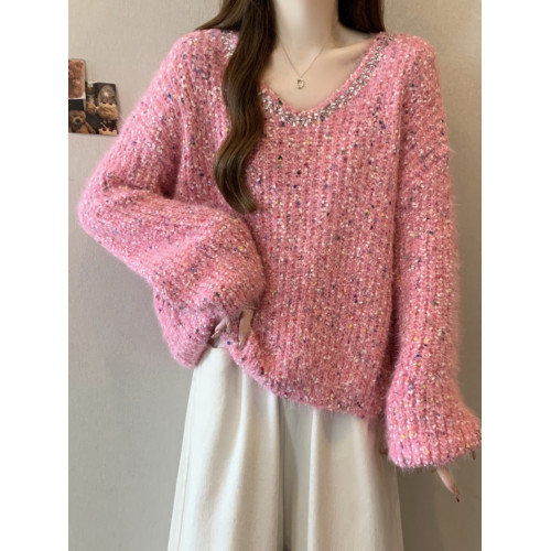 粉色彩點V領毛衣女春秋2025大碼胖mm獨特漂亮上衣重工燙鑽針織衫