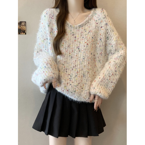 粉色彩點V領毛衣女春秋2025大碼胖mm獨特漂亮上衣重工燙鑽針織衫