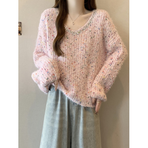 粉色彩點V領毛衣女春秋2025大碼胖mm獨特漂亮上衣重工燙鑽針織衫