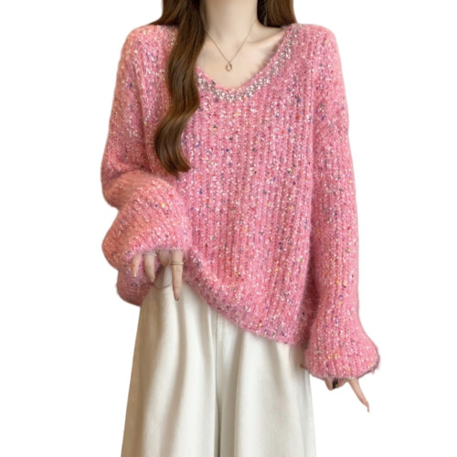 粉色彩點V領毛衣女春秋2025大碼胖mm獨特漂亮上衣重工燙鑽針織衫