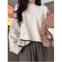 設計感不規則撞色毛衣女新款秋冬寬鬆慵嬾風軟糯高級感套頭針織衫