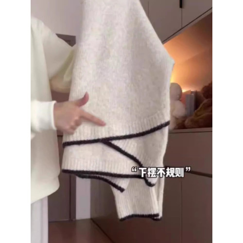 設計感不規則撞色毛衣女新款秋冬寬鬆慵嬾風軟糯高級感套頭針織衫