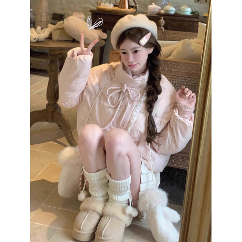 短款粉色蝴蝶結羽絨服女2025冬甜妹加厚立領棉服麵包服白鴨絨外套 短款粉色蝴蝶結羽絨服女2025冬甜妹加厚立領棉服麵包服白鴨絨外套