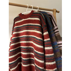 MASDYIREN 冬季美式復古寬鬆潮牌學院風條紋圓領針織衫毛衣男女潮