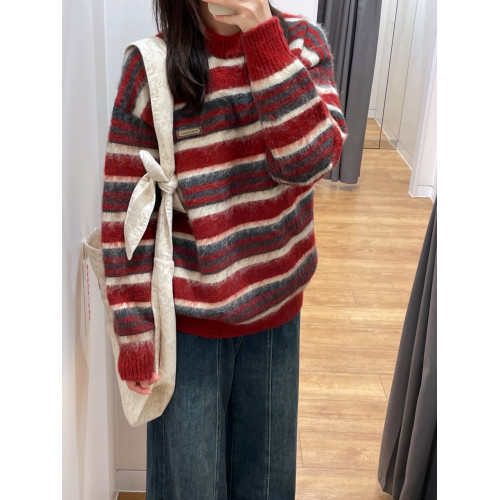 MASDYIREN 冬季美式復古寬鬆潮牌學院風條紋圓領針織衫毛衣男女潮