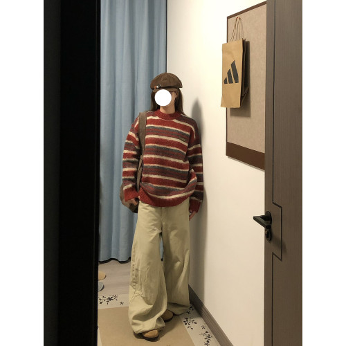 MASDYIREN 冬季美式復古寬鬆潮牌學院風條紋圓領針織衫毛衣男女潮