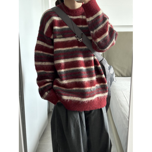 MASDYIREN 冬季美式復古寬鬆潮牌學院風條紋圓領針織衫毛衣男女潮