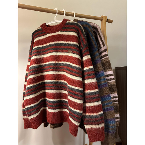 MASDYIREN 冬季美式復古寬鬆潮牌學院風條紋圓領針織衫毛衣男女潮