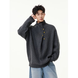 悟空有貨紐釦設計感半高領針織衫男秋季潮牌cleanfit小衆休閒毛衣