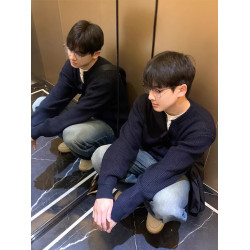 藏青色針織開衫外套男款秋冬高級感韓系慵懶風cleanfit棒球領毛衣