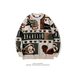 美式復古小熊毛衣男女秋冬季套頭潮牌寬松慵懶風情侶古著感針織衫