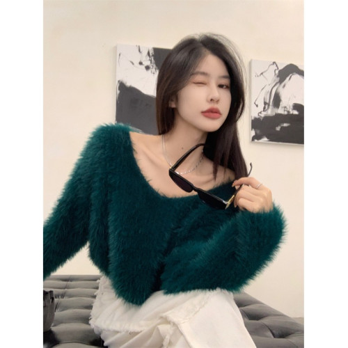 性感仿水貂毛V領毛衣女冬季2023新款寬松顯瘦設計感百搭針織上衣