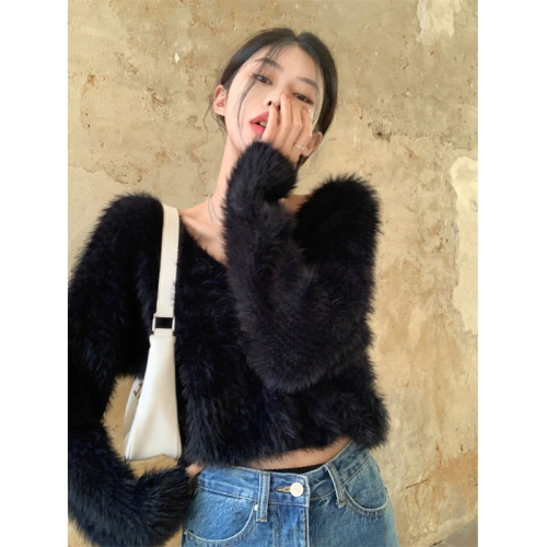 性感仿水貂毛V領毛衣女冬季2023新款寬松顯瘦設計感百搭針織上衣