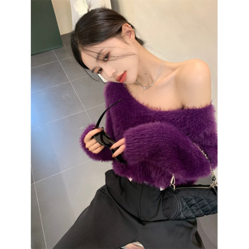 性感仿水貂毛V領毛衣女冬季2023新款寬松顯瘦設計感百搭針織上衣